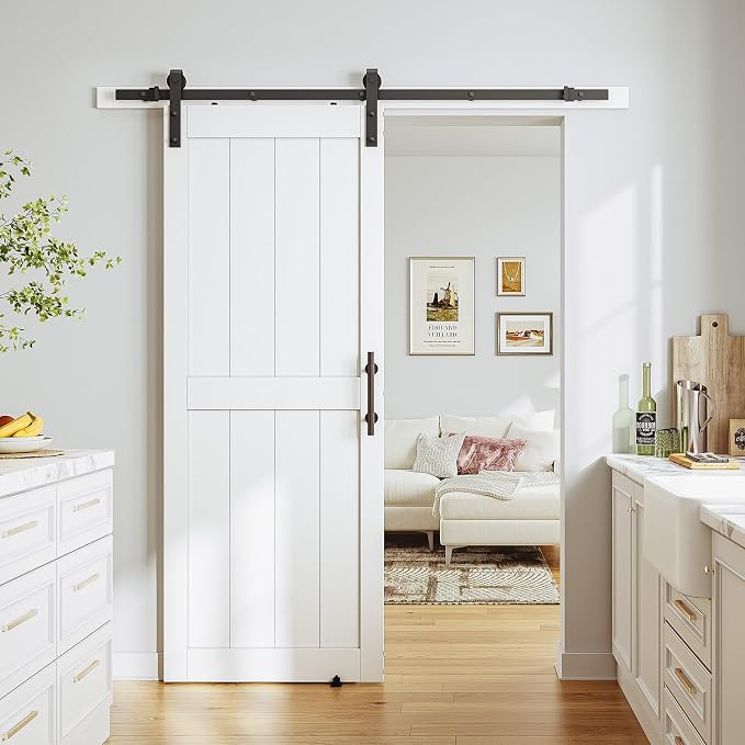 SMARTSTANDARD 32" x 84" White Sliding Barn Door with 6FT Black Hardware | Pre-Drilled Ready to Assemble, Waterproof PVC Coating, H-Frame
