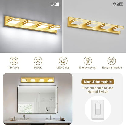 LED Modern Bathroom Light Fixtures, 4-Light 30-Inch Gold Vanity Lights for Bathroom Lighting Fixtures Over Mirror, 350° Rotatable Acrylic, 6000K Cool White Wall Lamp