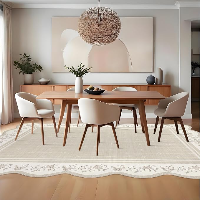 Garvee Scalloped Washable Rug 9x12 Rugs for Living Room Non Slip Beige | Neutral Nursery Rug Modern Bordered Floral Mat Indoor Soft Non-Shedding Accent Carpet for Bedroom Dining Room Kids Room Dorm