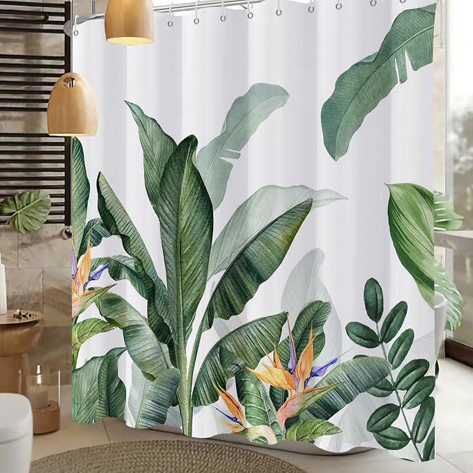 Shower Curtain Tropical Green Plant Shower Curtains for Bathroom, Leaf Shower Curtain, Botanical Shower Curtain Sets, Sage Shower Curtains Waterproof Bathtub Curtain 72x72 Inch with Hooks