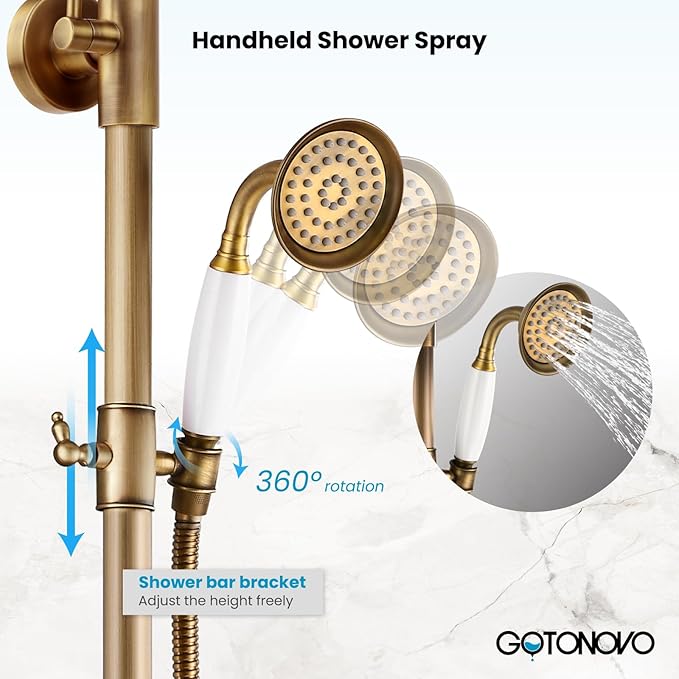gotonovo Antique Brass Shower System 8 Inch Rainfall Shower Head Handheld Spray Double Cross Handle Bathroom Shower Faucet Wall Mount