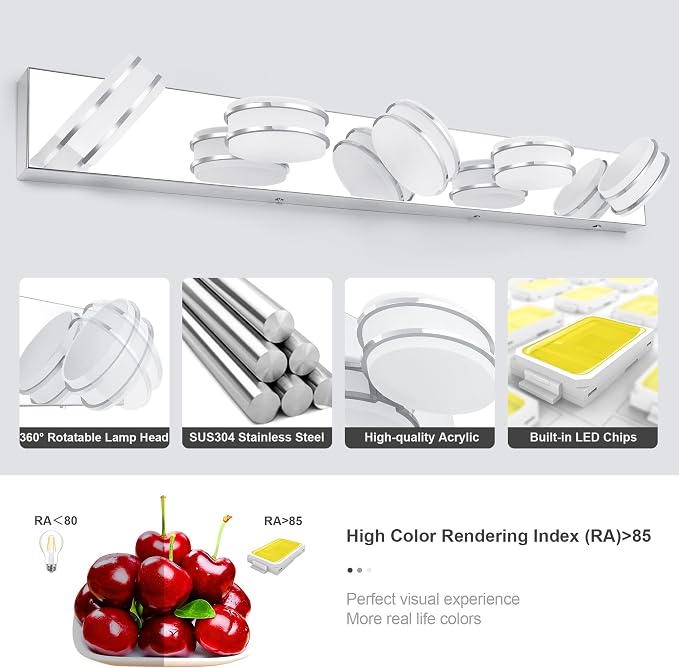 3 Color Temperature Dimmable Bathroom Light Fixtures over Mirror, LED Chrome 5 Light Vanity Lighting Fixtures, Acrylic Stainless Steel Square Shade Vanity Lights for Bathroom, ETL Certificated