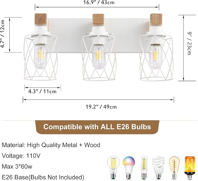 Farmhouse 3-Light Wood Bathroom Vanity Light, White Metal Cage Shade | Mounted Over Mirror, Industrial Rustic Style, Ideal for Bathroom, Bedroom, Hallway & Living Room, Easy To Install