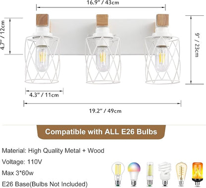 Farmhouse 3-Light Wood Bathroom Vanity Light, White Metal Cage Shade | Mounted Over Mirror, Industrial Rustic Style, Ideal for Bathroom, Bedroom, Hallway & Living Room, Easy To Install
