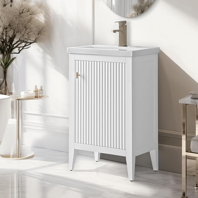 Vanity Art 20 inch Bathroom Vanity with Single Sink & Ceramic Top, Vanity Cabinet with Soft-Closing Door, Solid Wood Frame, Linear Pattern, White, Golden Brushed Handware VA9120-W-GB