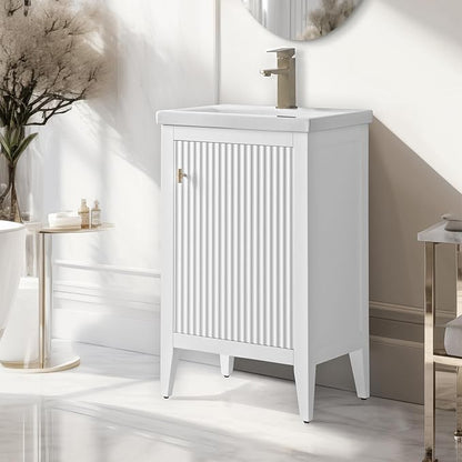 Vanity Art 20 inch Bathroom Vanity with Single Sink & Ceramic Top, Vanity Cabinet with Soft-Closing Door, Solid Wood Frame, Linear Pattern, White, Golden Brushed Handware VA9120-W-GB