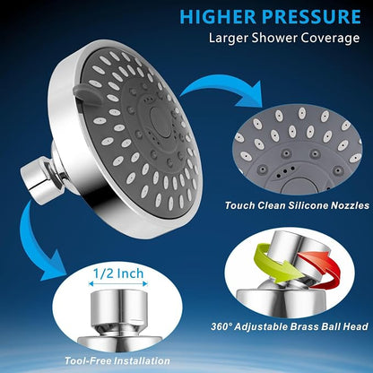 Voolan High Pressure Shower Head - 4 Inch Rain Showerhead - High Flow Bathroom Shower with 5 Spray Settings For a Luxury Showering Experience Even with Low Water Pressure (Chrome)