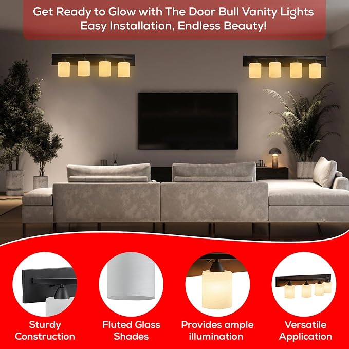4-Light Bathroom Vanity Bar Light Fixture - Matte Black | Modern Frosted glass shades with E26 socket. Matte Wall sconce lighting perfect over mirror, kitchen, hallway, or entryway