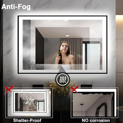 EchosLife 51x32 LED Bathroom Mirror - Black Framed | Black Frame, Front and Backlit, Anti-Fog, Stepless Dimmable, 3 Colors, Memory, Tempered Glass, UL Listed, Horizontal/Vertical