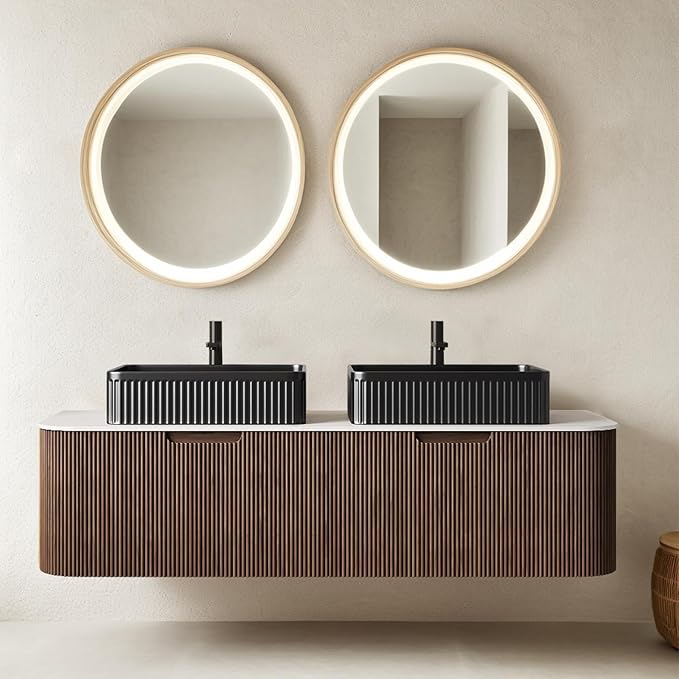 60" Floating Bathroom Vanity with Sink, Wall-Mount Cabinet with 2 Large Storage Drawer, 2 Black Rectangular Ceramic Basins and Marble Top, Soft-Close Design, Dark Walnut
