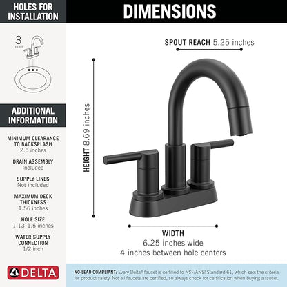 Delta Nicoli Centerset Matte Black Bathroom Faucet with Sprayer, 4 Inch 3 Hole Bathroom Sink Faucet with Pull Out Sprayer, Push-Pop Drain, Matte Black 25749LF-BLPD
