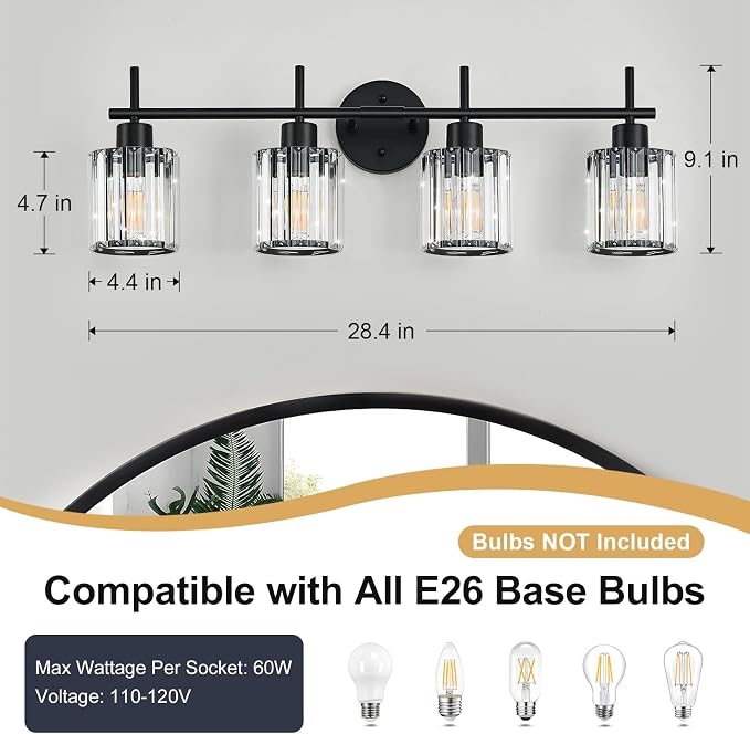 Black Bathroom Light Fixtures, Round, 4-Light | Vanity Lights with Crystal Shades, Modern Bathroom Lighting Fixtures over Mirror (Bulbs Not Included, E26)