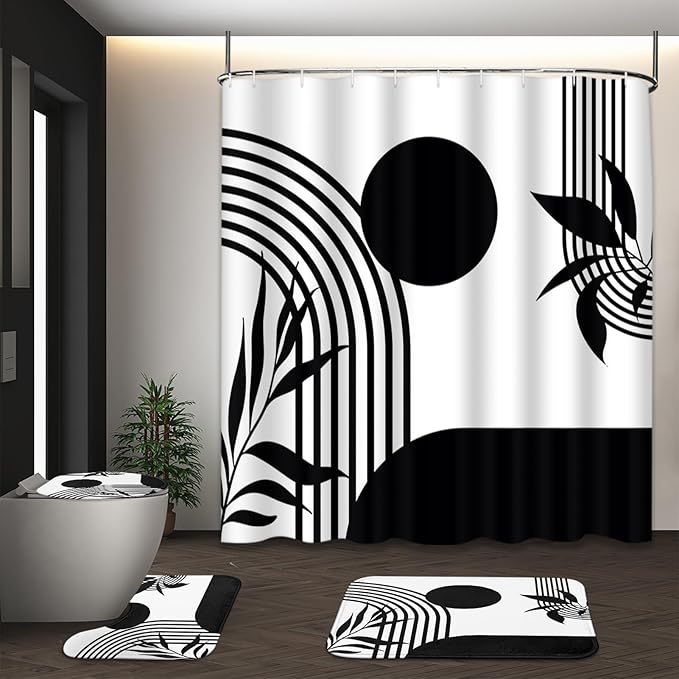 Bathroom Sets with Shower Curtain and Rugs, 4 Pcs, Boho Minimalist | Abstract Mid Century Geometric Bathroom Decor Set with Toilet Lid Cover, Non-Slip Bath Mats and 12 Hooks