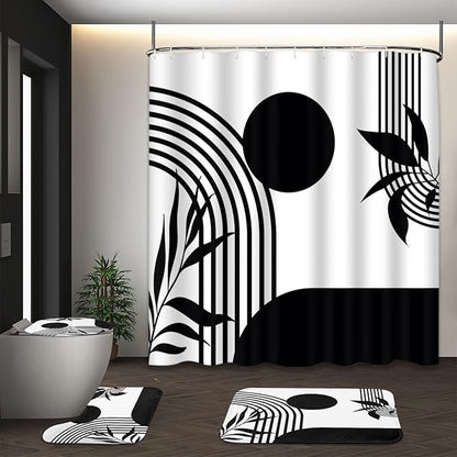 Bathroom Sets with Shower Curtain and Rugs, 4 Pcs, Boho Minimalist | Abstract Mid Century Geometric Bathroom Decor Set with Toilet Lid Cover, Non-Slip Bath Mats and 12 Hooks