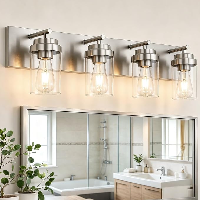 4-Light Bathroom Light Fixtures, Brushed Nickel Vanity Lights | Modern Bathroom Lighting Fixtures Over Mirror, Vanity Lights for Bathroom, Mirror, Restroom, Bedroom, E26