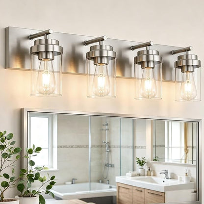 4-Light Bathroom Light Fixtures, Brushed Nickel Vanity Lights | Modern Bathroom Lighting Fixtures Over Mirror, Vanity Lights for Bathroom, Mirror, Restroom, Bedroom, E26