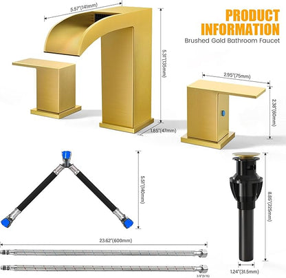 Waterfall Faucets for Sink 3 Hole - Gold Waterfall Bathroom Faucet 8 Inch Widespread Faucet Bathroom 2-Handles Modern Vanity Faucets with Overflow Pop Up Drain Supply Lines