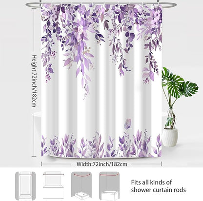 Purple Floral Eucalyptus Shower Curtain with Hooks, 72x72 Inch | Waterproof Fabric, Watercolor Leaves and Floral, Botanical Style, Machine Washable, Quick-Drying, for Hotel Bathroom