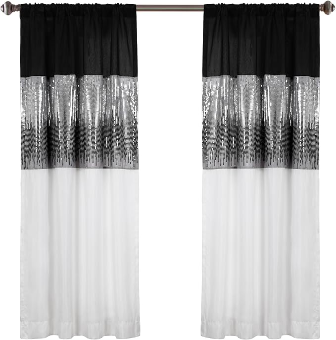 Lush Decor Night Sky Window Curtain Panel, Single 42"W x 63"L Black & White - Sequin Backdrop Curtain - Room Darkening Curtains For Bedroom - Glam Decor
