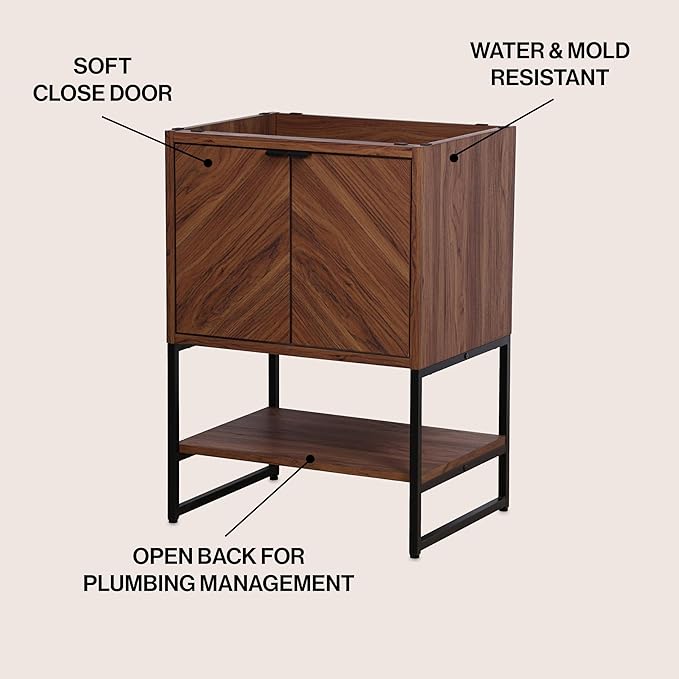 JONATHAN Y VAN1013B Juhl 23.5 in. W x 18 in. D x 33 in. H Chevron-Front Modern Minimalist 2-Shelf Bathroom Vanity Cabinet Only with Soft Closing Doors (Sink Basin Not Included), Walnut