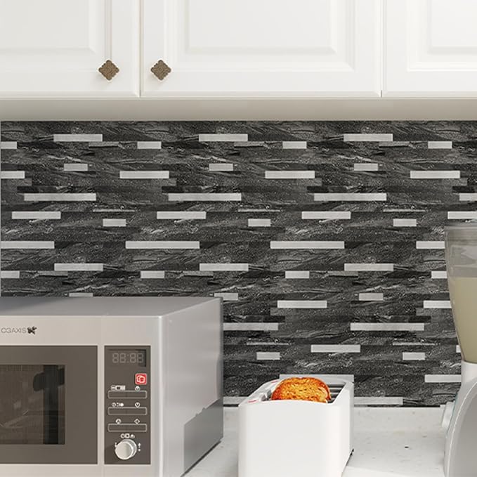 KASARO Peel and Stick Marble Backsplash Tile, 10 Sheets, Black Marble with Silver Embellished Stripes, Self-Adhesive Wall Tile for Kitchen, Bathroom, Fireplace, RV (11.4” x 10.6”)