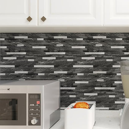 KASARO Peel and Stick Marble Backsplash Tile, 10 Sheets, Black Marble with Silver Embellished Stripes, Self-Adhesive Wall Tile for Kitchen, Bathroom, Fireplace, RV (11.4” x 10.6”)