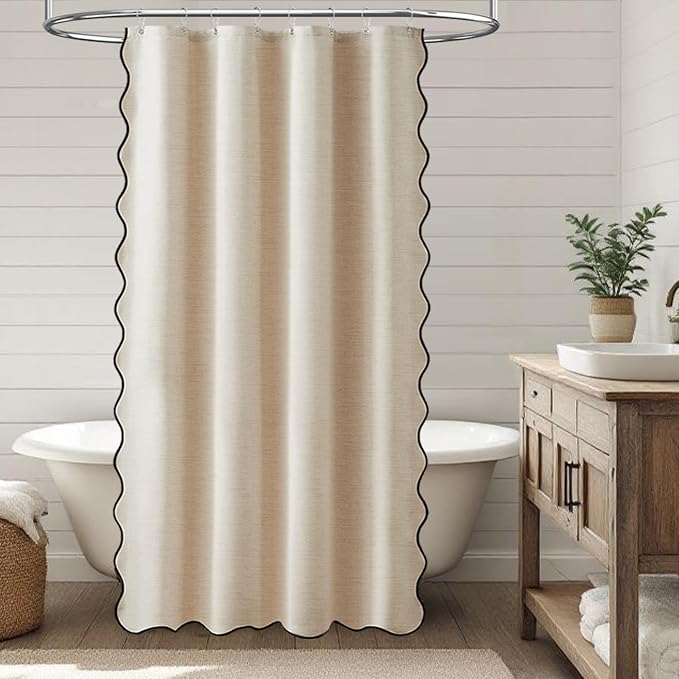 BTTN Small Shower Curtain, 48 Inch Boho Scalloped Linen Textured Heavy Duty Fabric Shower Curtain Set with 8 Hooks, Narrow Country Rustic Waterproof Fabric Shower Curtains for Bathroom, 48x72, Cream