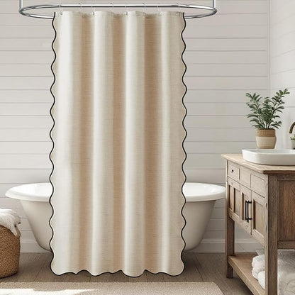 BTTN Small Shower Curtain, 48 Inch Boho Scalloped Linen Textured Heavy Duty Fabric Shower Curtain Set with 8 Hooks, Narrow Country Rustic Waterproof Fabric Shower Curtains for Bathroom, 48x72, Cream