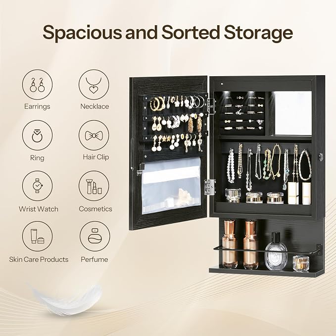 HOOBRO Wall Mounted Jewelry Cabinet, LED Jewelry Armoire with Interior Mirror, Hanging Jewelry Organizer for Wall, Lockable Jewelry Storage Cabinet, 3.9 x 11.8 x 20.9 Inches, Black