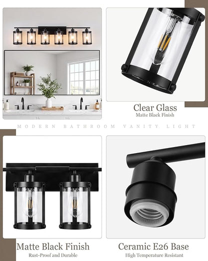6-Light Matte Black Bathroom Light Fixtures Over Mirror with Clear Glass and Metal Cage Shade, 42" UL-Listed Modern Farmhouse Wall Sconce for Bath, Hardwire E26, OS-3014BK-6W