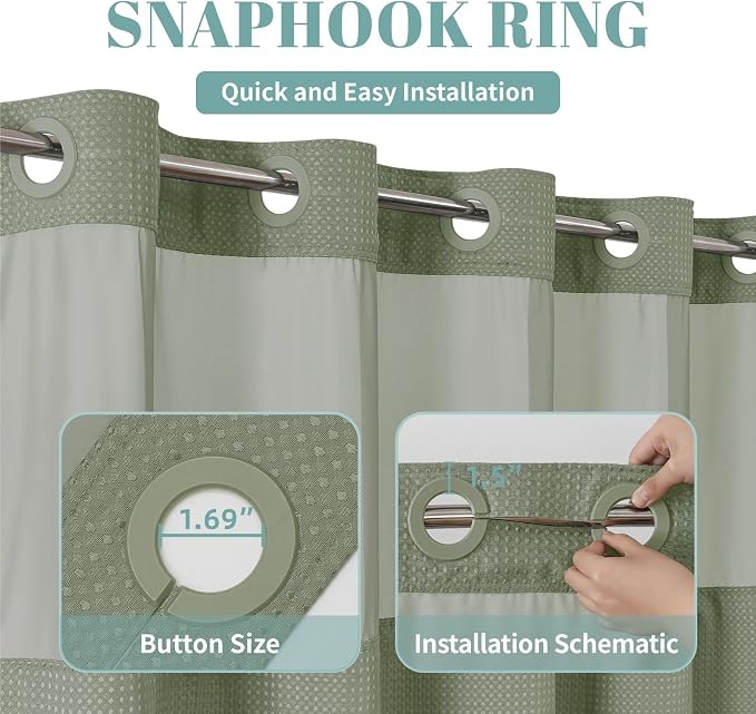 No Hook Waffle Shower Curtain with Snap-in Liner, 60x74 Inch, Sage Green | 230GSM waffle weave fabric, waterproof liner set with 2 bottom magnets, mesh window, washable, for shower stalls or bathrooms