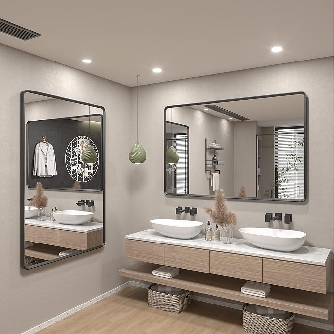 66x36 Inch Black Matte Framed Mirror for Bathroom | Rounded Rectangle Mirror, Bathroom Vanity Mirror for Wall, Anti-Rust, Shatterproof (Horizontal/Vertical)
