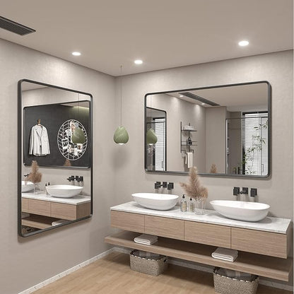 66x40 Inch Black Matte Framed Mirror for Bathroom | Rounded Rectangle Mirror, Bathroom Vanity Mirror for Wall, Anti-Rust, Shatterproof (Horizontal/Vertical)