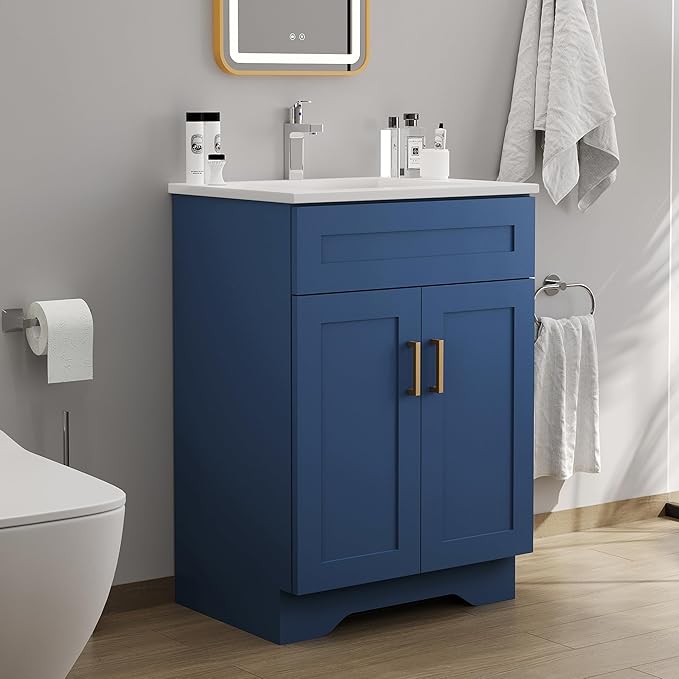 Bathroom 24" Vanity with Ceramic Sink, Wooden Double Door Bathroom Storage Cabinet, Freestanding Cabinet Vanity with Sink (Paint, Blue,24")