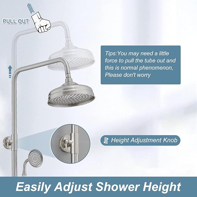 BWE Exposed Bathroom Shower Faucet Set Brushed Nickel Bathroom Shower Faucet Triple Functions 8 Inch Rainfall Shower Head Handheld Spray with Tub Spout Exposed Shower System Double Handle