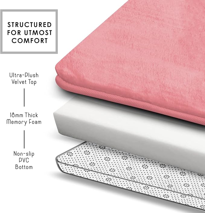 Clara Clark 3 Piece Bathroom Rugs Bath Mat Set, Velvet Memory Foam Bath Mats for Bathroom - Non-Slip, PVC Backing Bath Rugs, Washable - Dries Quickly, Pink