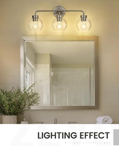 zeyu Brushed Nickel 23-Inch 3-Light Bathroom Mirror Light, ZS62BG-3W BN | Brushed Nickel Globe Vanity Light, 23-Inch 3-Light Design, Clear Globe Glass, Three E26 Bulbs Up To 60W Each, ETL Listed