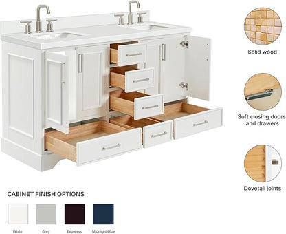 ARIEL Stafford 60-inch Bathroom Vanity with Sink,Solid Wood, 1.5-inch Pure White Quartz Countertop & Backsplash, Double Rectangular Porcelain Sink, 4 Soft Closing Doors, 6 Dovetail Drawers, White