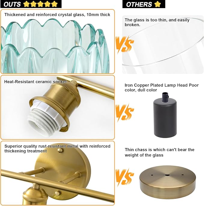Bathroom Light Fixtures, 4-Light Brushed Gold Vanity Lights for Bathroom with Blue Tulip Glass Shade, 26" Vintage Bathroom Vanity Lighting Fixtures Over Mirror for Bedroom Living Room Hallway