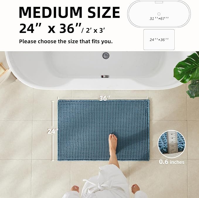 TYUU Waffle Bath Mat, Boho Bathroom Rugs Non Slip, 36x24 Denim Blue | Super Absorbent Quick Dry Bath Rug, Non-Slip Backing, Soft Waffle Washable Farmhouse Bathroom Mats, Tub, Shower & Home Decor