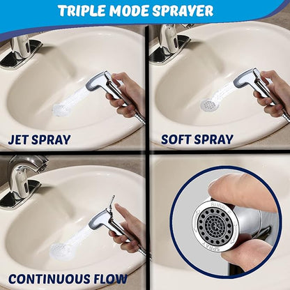 Handheld Bidet Sprayer for Toilet - Triple Mode Spray: Cloth Diaper Washer, Jet Spray & Gentle Stream | Premium Adjustable Hose Sprayer Attachment for Muslim Shower Shattaf | Portable Bidet Included