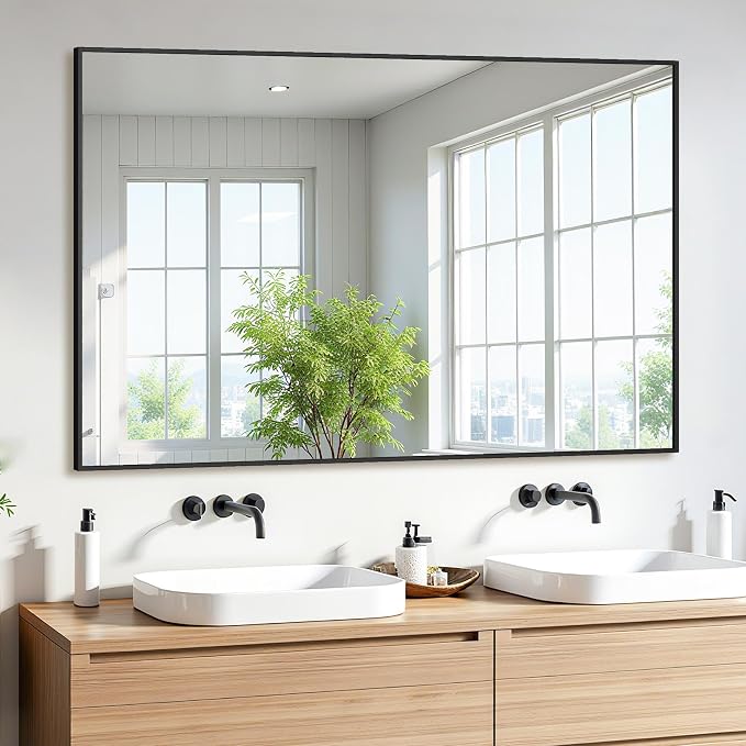 Bathroom Mirror 48" x 30", Large Rectangle Wall Mirror, Black Metal Frame Wall Mounted Mirrors for Bathroom, Vanity, Bedroom, Entryway Decor(Horizontal/Vertical)