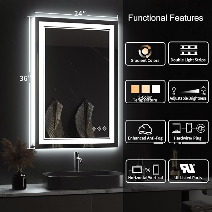 LED Mirror for Bathroom, 24x36 Inch Gradient Front and Backlight LED Bathroom Mirror, 3 Colors Dimmable CRI>90 Double Lights, Enhanced Anti-Fog, Hanging Plates Wall Mount Lighted Mirror