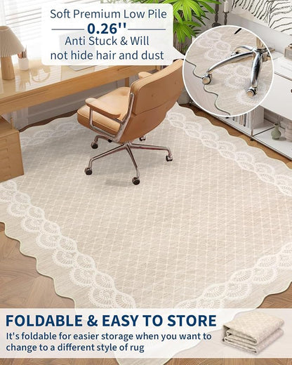 GarveeHome Washable Scalloped Rug 9x12 Area Rugs, Modern Neutral Living Room Rugs, Large Washable Farmhouse Carpet Abstract Bordered Carpet for Bedroom Apartment Table Dorm Nursery, Beige