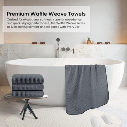 HOMEXCEL Waffle Bath Towels Set 4 Pack, Premium Microfiber Bathroom Towels, Ultra Soft, Lightweight, Highly Absorbent and Quick Dry Towel for Bathroom, Gym, Shower, Hotel, and Spa, 30 x 60 Inch, Grey