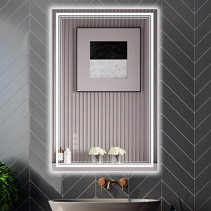 24x36 Inch LED Bathroom Mirror with Frontlit & Backlit（Independent Control）, Lighted Mirror for Bathroom Wall with 3-Color Dimmable & Anti-Fog, Vanity Mirror with Lights