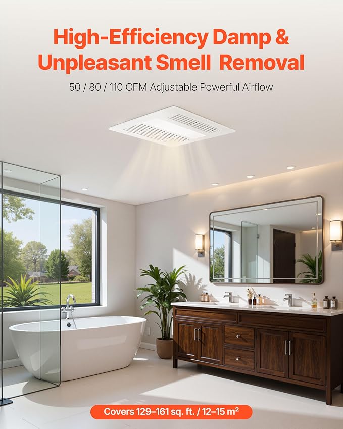 VEVOR Bathroom Exhaust Fan with Light and Heater, 80-90-110 CFM 1500W Bathroom Vent, 1.5 Sones Low-Noise, Premium DC Motor Ceiling Fan for Laundry Room, Storage Room, Home Ventilation, White