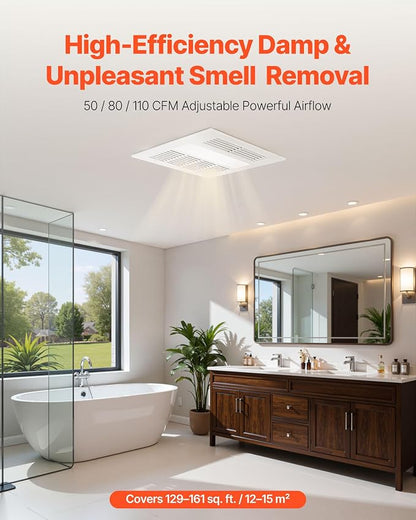 VEVOR Bathroom Exhaust Fan with Light and Heater, 80-90-110 CFM 1500W Bathroom Vent, 1.5 Sones Low-Noise, Premium DC Motor Ceiling Fan for Laundry Room, Storage Room, Home Ventilation, White