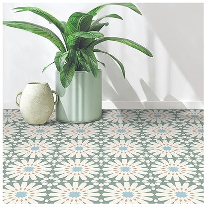 MORCART 40PCS 7.87" x 7.87" Peel and Stick Floor Tile, DIY Vinyl Flooring | Green and White Floral Look, Self-Adhesive, Removable and Waterproof Tile Sticker for Bathroom, Kitchen, Wall, Stairs