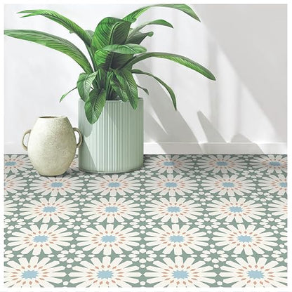 MORCART 20PCS 7.87" x 7.87" Peel and Stick Floor Tile, DIY Vinyl Flooring | Green and White Floral Look, Self-Adhesive, Removable and Waterproof Tile Sticker for Bathroom, Kitchen, Wall, Stairs